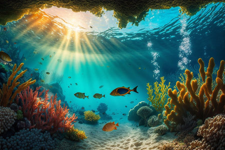 Tropical seabed with a reef and sunshine creates an underwater scene. AIの素材