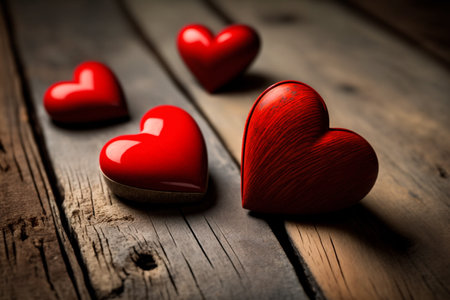 On a wooden table, there are red hearts. AIの素材