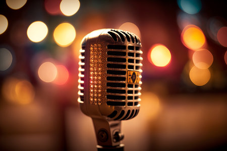 On stage retro microphone with bokeh lights in background. AIの素材