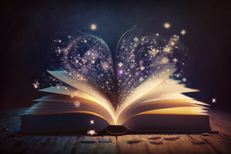 An antique book with open pages glows with abstract bokeh lights against a dark background, creating a magical atmosphere. AIの素材