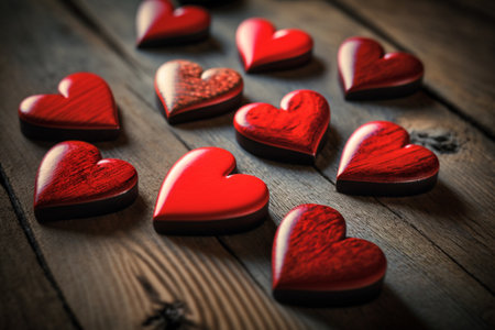 On a wooden table, there are red hearts. AIの素材