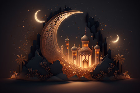 A Islamic-themed post for Ramadan featuring a crescent moon and stars, illuminated with lights against a nighttime background. AIの素材