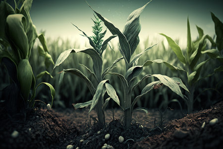 A field where corn plants are growing. AIの素材