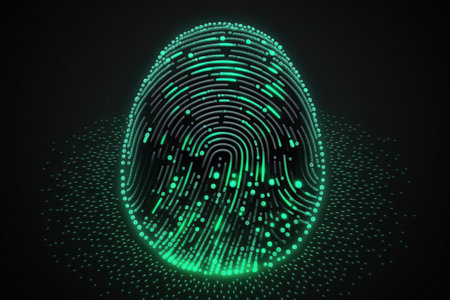 A concept of biometric identification and cybersecurity portrayed by a glowing neon fingerprint on a dark background. Aiの素材