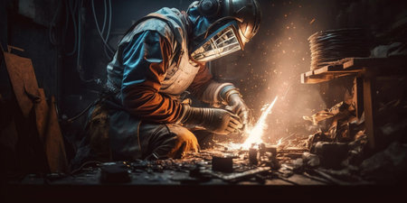 A worker in metallurgy is welding in their workshop. AIの素材