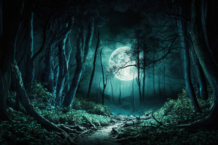 A forest with an air of mystery is shrouded in darkness and illuminated by moonlight. AIの素材