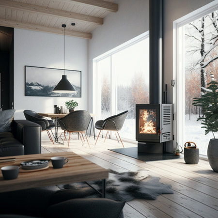 A contemporary living room featuring a functional wood-burning stove during winter. AIの素材