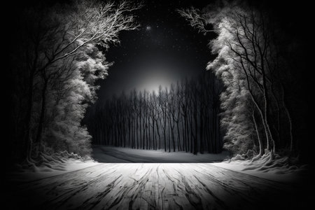 The dark, abstract winter forest background features a wooden floor, snow, and fog, with the moonlight illuminating the forest at night. AIの素材