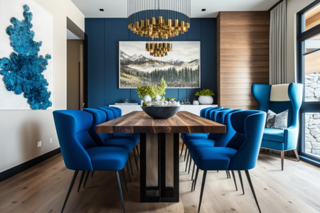 The interior design of a contemporary dining room includes a wooden table and blue chairs. AIの素材