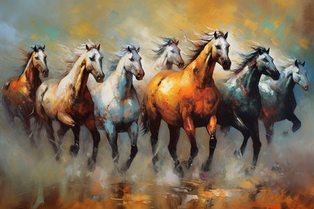 Unique and successful seven-horse illustration painting. AIの素材