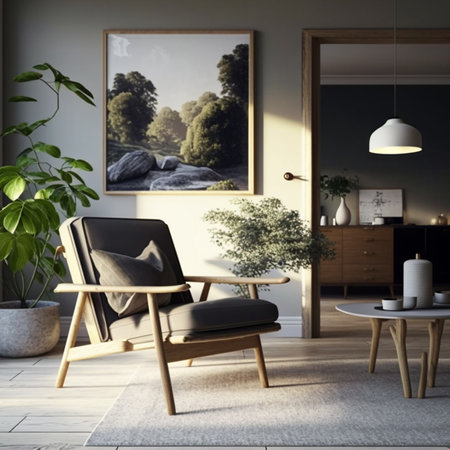 The interior of the living room is modern, featuring a wooden armchair. AIの素材