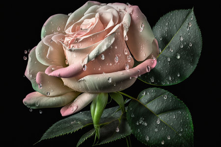 A close-up shot of a pink rose with green foliage and water drops, set against a black background. AIの素材