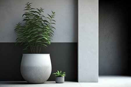 The background of the room's interior features a gray stucco wall and a potted plant. AIの素材