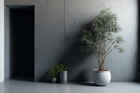 The background of the room's interior features a gray stucco wall and a potted plant. AIの素材