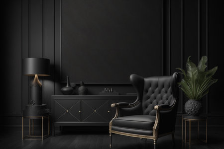 A mockup of a modern luxury living room interior with black walls, suitable as a background or interior design inspiration. AIの素材