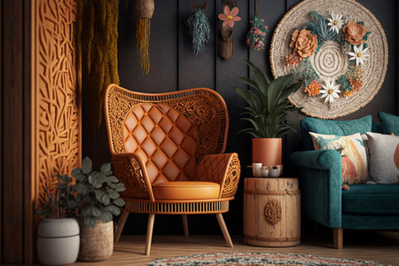 A living room has a cool armchair, vintage wooden commode, flower vase, macramÃ©, abstract wallpaper, and nice dÃ©cor. Generative Aiの素材