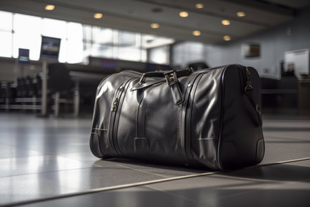 In the waiting area of an airport terminal, there is a single piece of luggage with an airplane in the background. AIの素材
