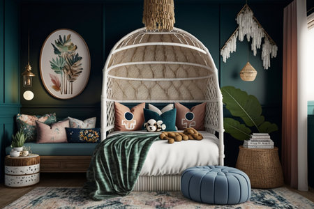 A coastal boho style kids' bedroom with wicker furniture, designed for nighttime ambiance. AIの素材