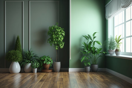 The living room, which has green walls and a hardwood floor, is adorned with potted plants for decoration. AIの素材