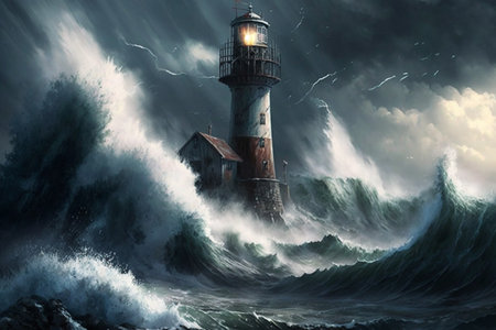 In this tempestuous setting, a lighthouse is surrounded by thunder, lightning, and towering waves. AIの素材