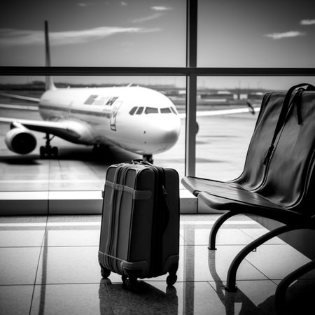 In the waiting area of an airport terminal, there is a single piece of luggage with an airplane in the background. AIの素材