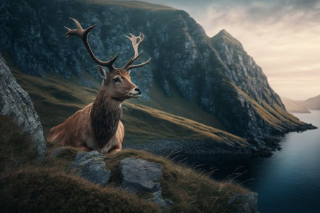 A deer sitting on a rocky mountain overlooking the sea. AI artの素材