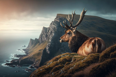 A deer sitting on a rocky mountain overlooking the sea. AI artの素材