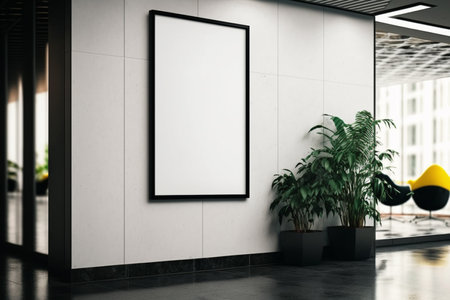 A empty advertising billboard frame on the wall of an office lobby, providing ample copy space for mock-up designs. AI Artの素材