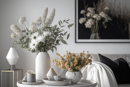 Scandinavian interior design of a living room featuring a vase of flowers and elegant personal accessories. AI Artの素材