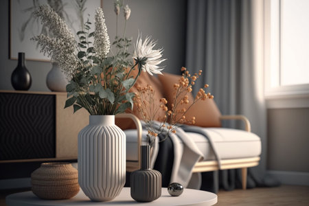 Scandinavian interior design of a living room featuring a vase of flowers and elegant personal accessories. AI Artの素材