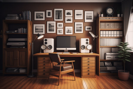 A brown home office with wooden flooring, a white desk, a computer, a bookcase, and blank photo-covered walls in the interior. AI Artの素材