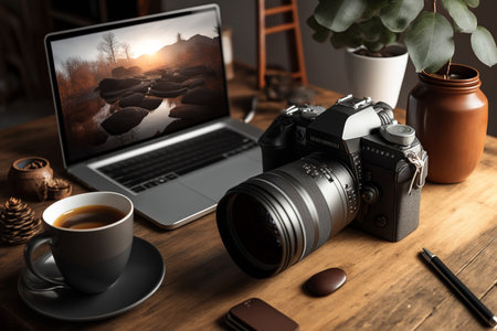 A modern home office setup with a wooden desk featuring a laptop, coffee cup, and photographic camera. AI Artの素材