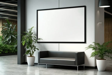 A empty advertising billboard frame on the wall of an office lobby, providing ample copy space for mock-up designs. AI Artの素材