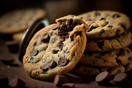 A close-up view of chocolate chip cookies. AIの素材