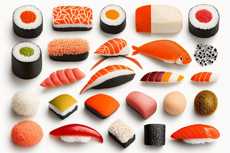A collection of Japanese sushi, nigiri, and maki pieces displayed separately on a white background. AIの素材