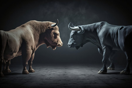 A conceptual illustration of a face-off between bull and bear markets. AIの素材