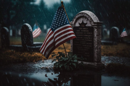 Rainy Cemetery Grave with American Flag. Memorial day. AIの素材