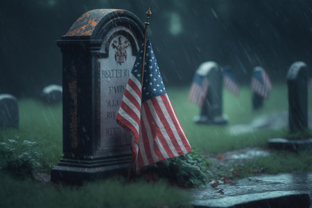 Rainy Cemetery Grave with American Flag. Memorial day. AIの素材