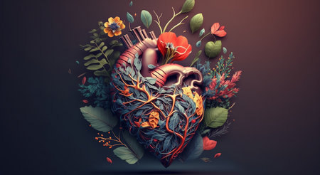 The concept of love and emotion is conveyed through a heart adorned with flowers. AIの素材