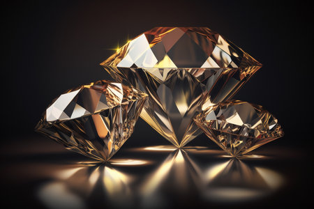 A group of golden diamonds on a glossy background with a soft focus effect. Aiの素材