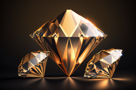 A group of golden diamonds on a glossy background with a soft focus effect. Aiの素材