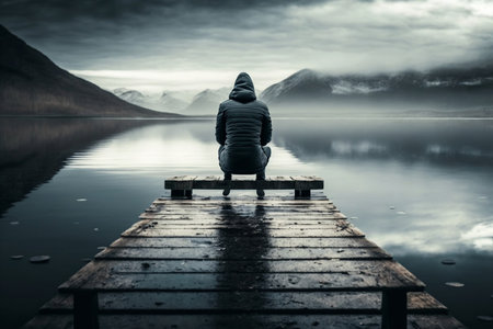 A solitary man is sitting on the jetty by the lake. AIの素材