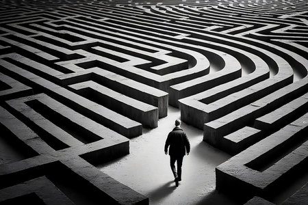 A man walks into a large labyrinth, searching for a solution to a difficult problem. AIの素材