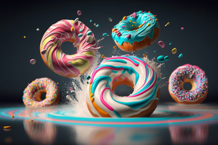 Donuts with pastel frosting in motion. AIの素材