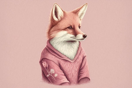 An illustrated portrait of a fox, standing upright and wearing an animal sweater in a pastel pink color. AIの素材