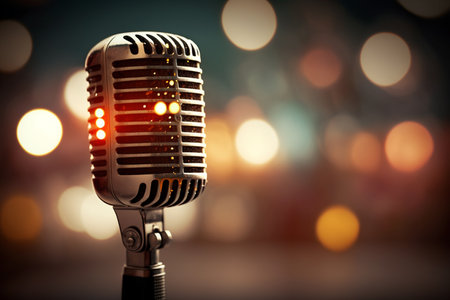 On stage retro microphone with bokeh lights in background. AIの素材