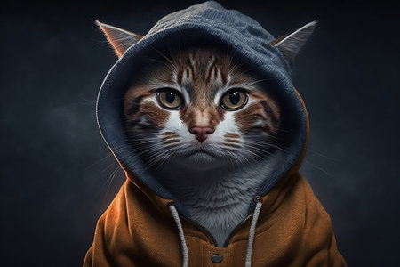 A portrait of a cat wearing a hoodie and a cap. AIの素材