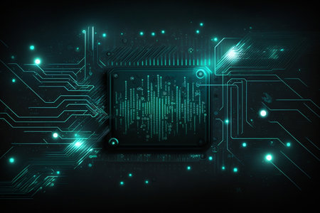 A circuit board and code background with a technology theme. AIの素材
