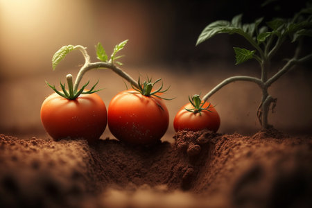 A close-up view shows a tomatoes plant growing in a garden filled with nutrient-rich, dark soil. AIの素材