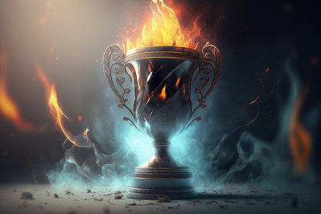 The background is blurred as a winner's trophy with flames is featured. AIの素材